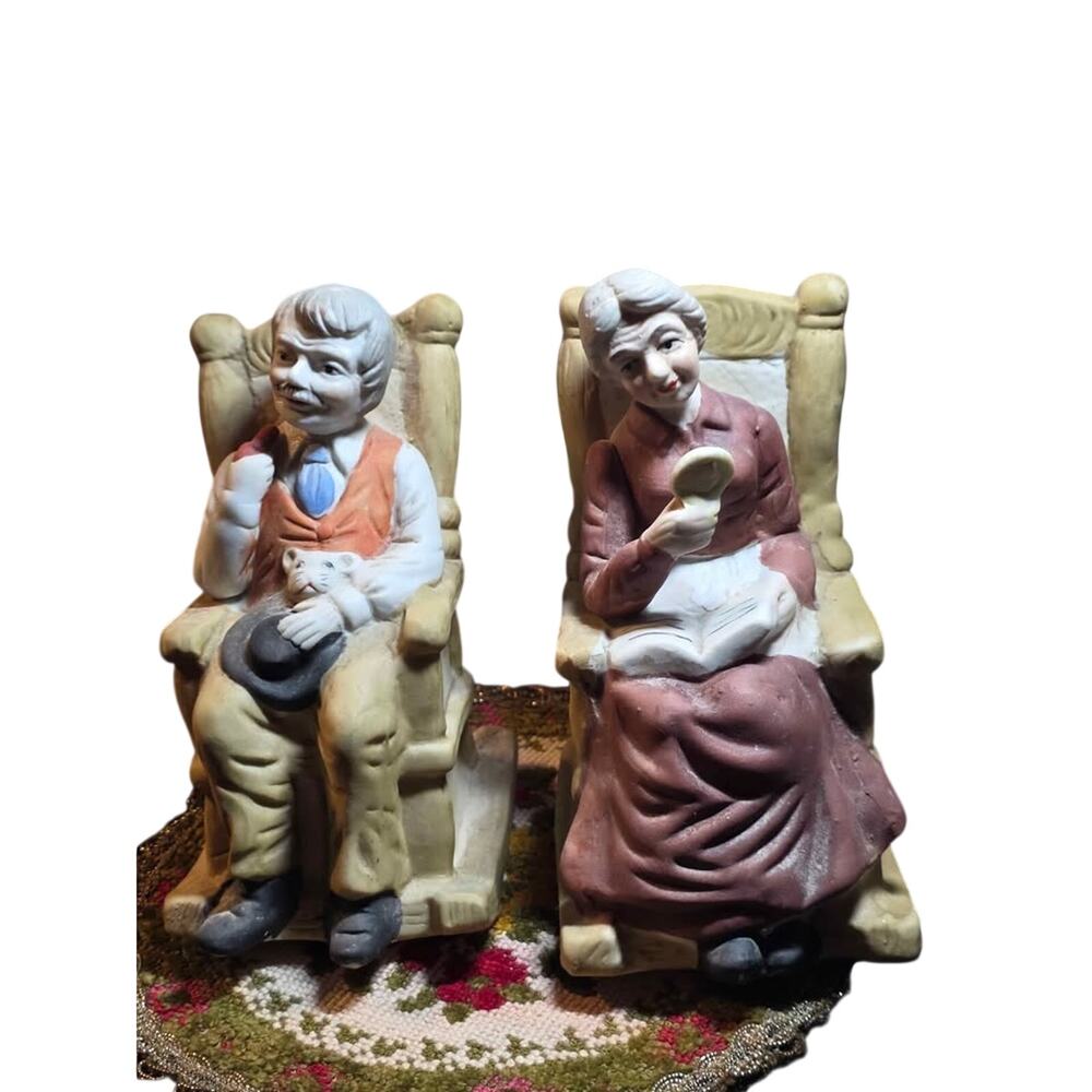 Set of Vintage Ceramic Figurines Depicting an Elderly Couple in Rocking Chairs,